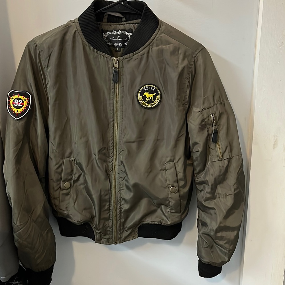 Olive Green Bomber Jacket with Patches